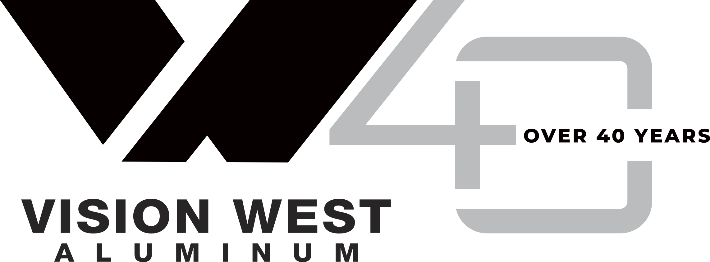 Logo for Vision West Aluminum. Large black VW on the left. To the right, a large gray 40 with the words OVER 40 YEARS inside the zero. VISION WEST ALUMINUM is written below in bold letters.
